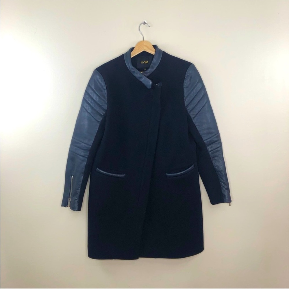 MAJE Dark Navy Wool Calfskin Leather Sleeve
Asymmetrical Zip Coat